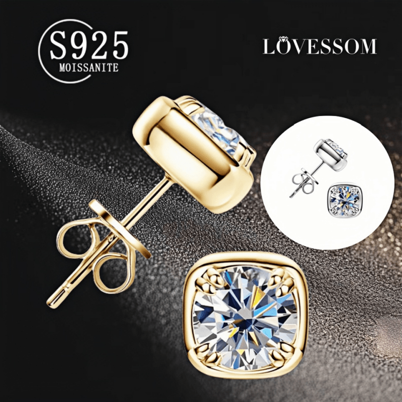 925 Silver Moissanite Square Stud Earrings, Unisex Gift
